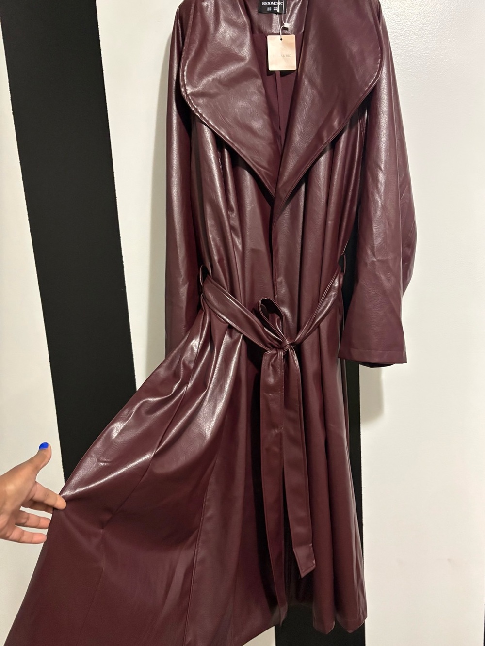 BloomChic Burgundy Faux Leather Trench Coat with Tie Belt
